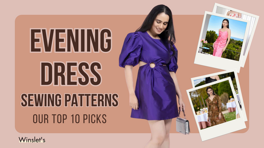 Stylish woman in purple evening dress showcasing top 10 sewing patterns.