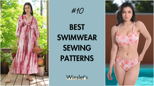 Woman modeling handmade swimwear and beach dress from top sewing patterns.