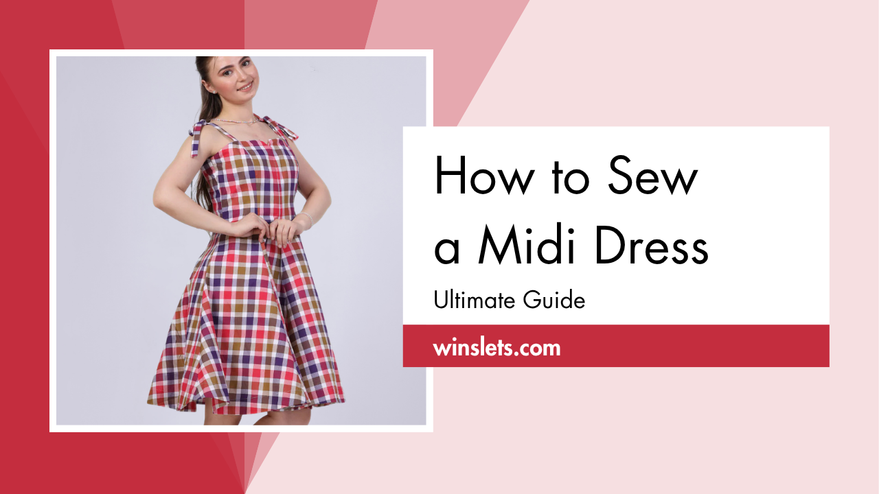 Woman wearing a strappy plaid midi dress for sewing tutorial guide.