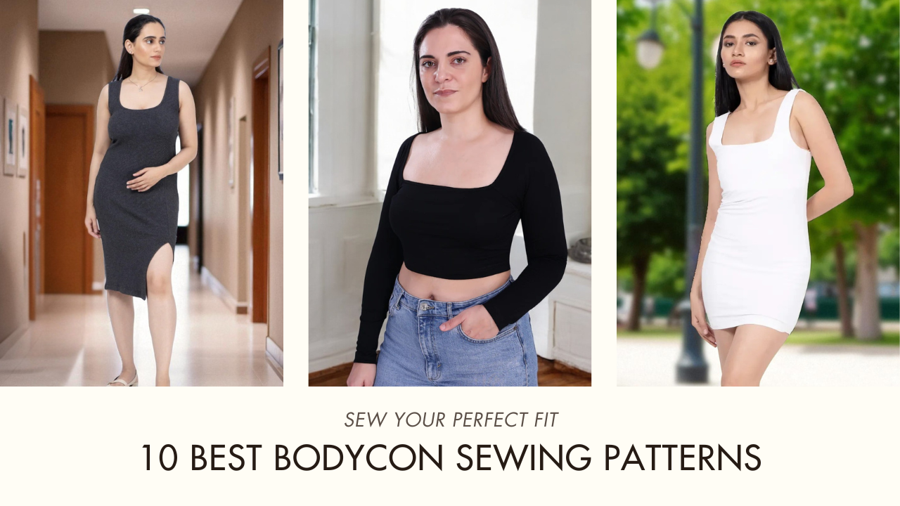 Women modeling stylish bodycon outfits from top sewing patterns collection.