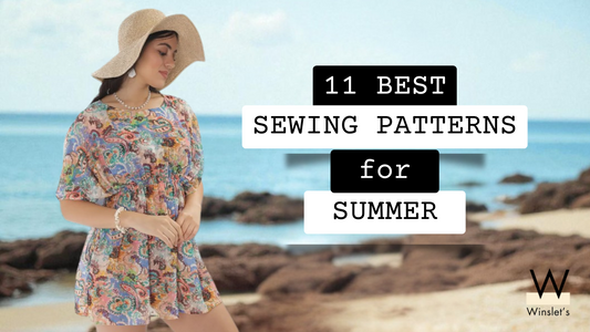 Woman in colorful summer outfit on beach promoting best sewing patterns.