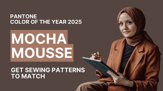 Stylish woman in mocha mousse outfit promoting 2025 Pantone color sewing patterns.