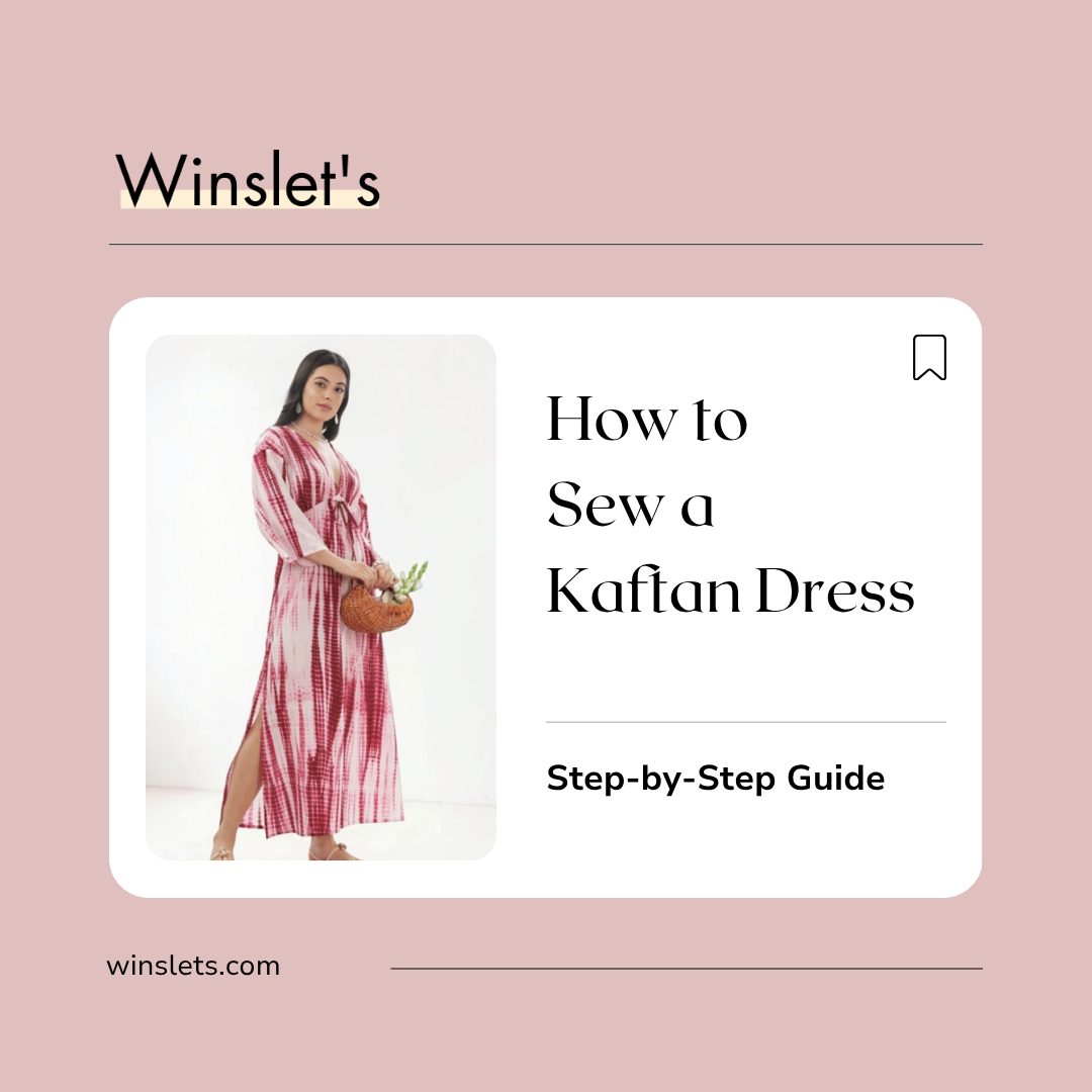 Woman wearing the Winslet's Malia Kaftan Dress sewing pattern, a maxi-length kaftan dress with long sleeves, V-neckline, adjustable drawstring waist, and side slits sewn in lightweight cotton fabric.