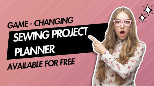 Game-changing free sewing project planner with surprised woman pointing.