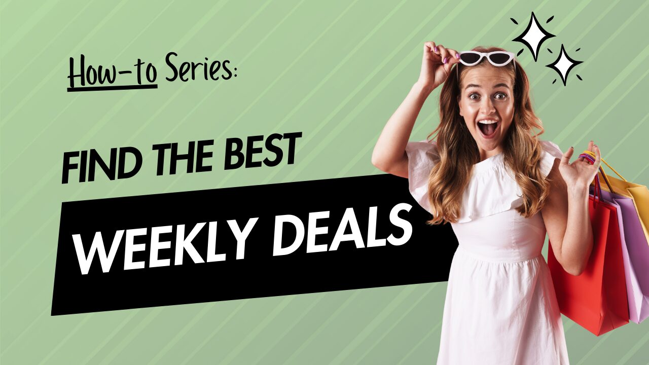 Excited woman holding shopping bags with textFind the Best Weekly Deals