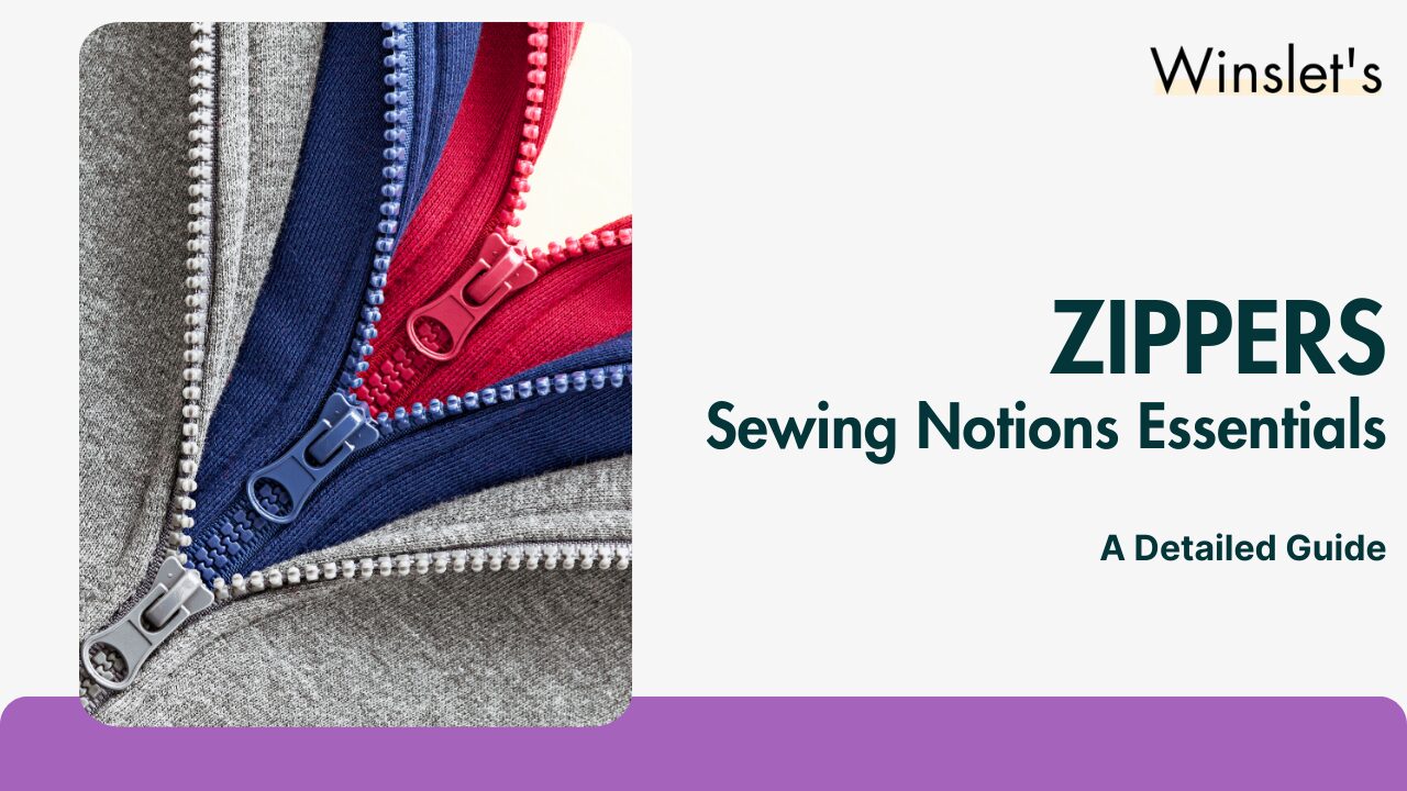 Close-up of colorful zippers on fabric for sewing notions guide.