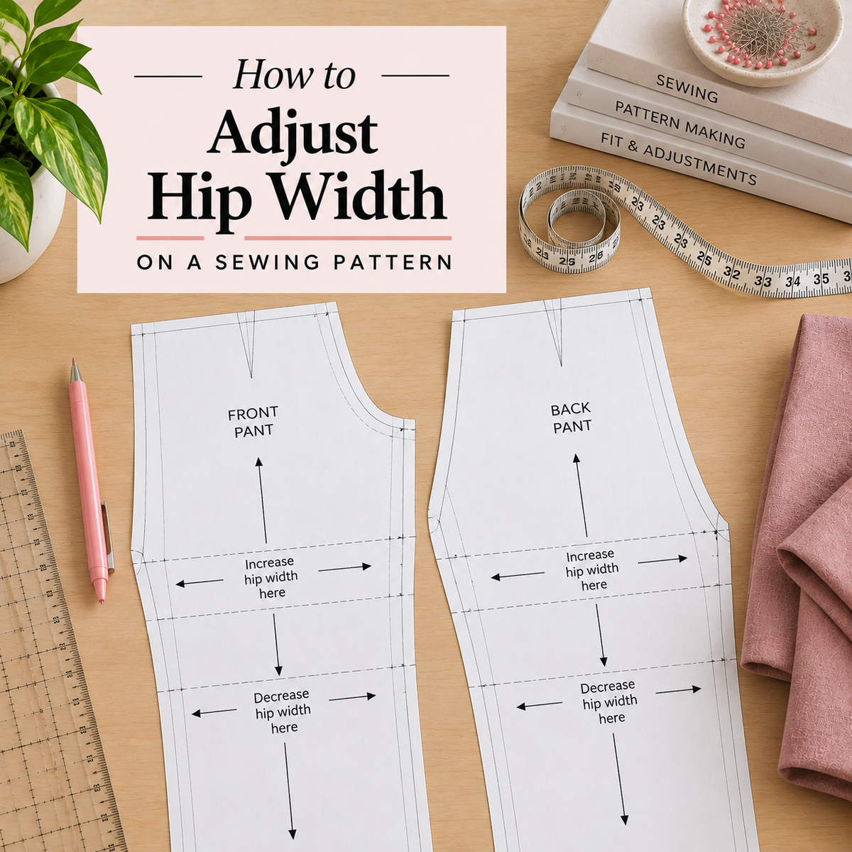 How to adjust hip width on a sewing pattern by increasing or decreasing the side seam with the pivot method
