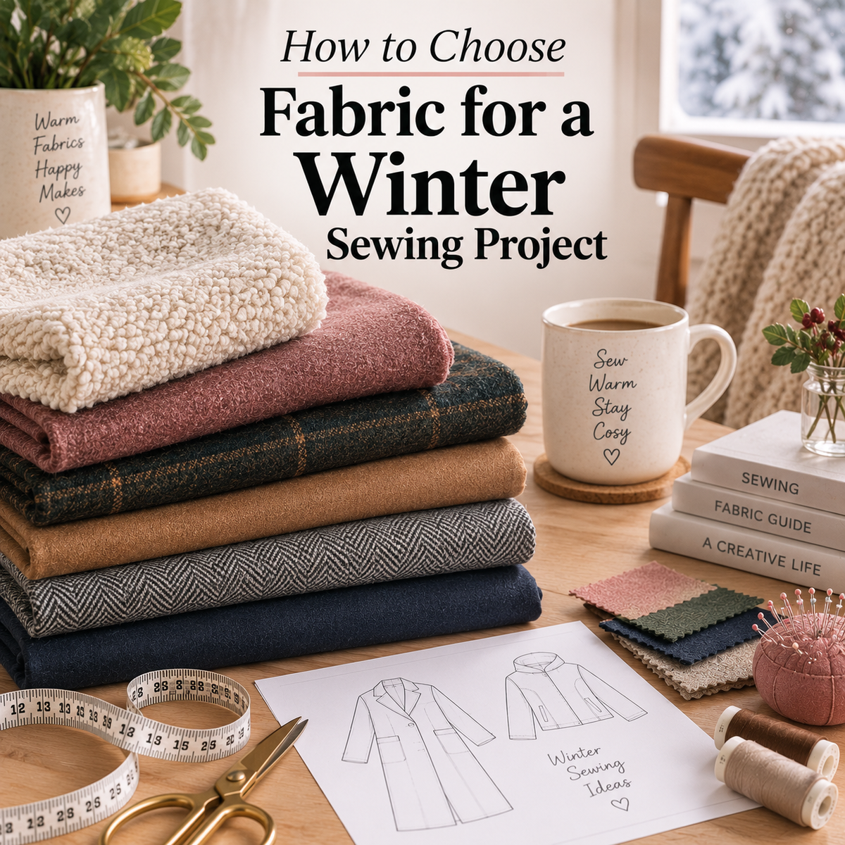 How to choose fabric for a winter sewing project by comparing weight, structure, drape, stretch, denim, twill, wool, and knit fabrics