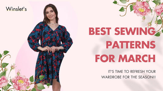 Woman in floral dress showcasing best sewing patterns for March.