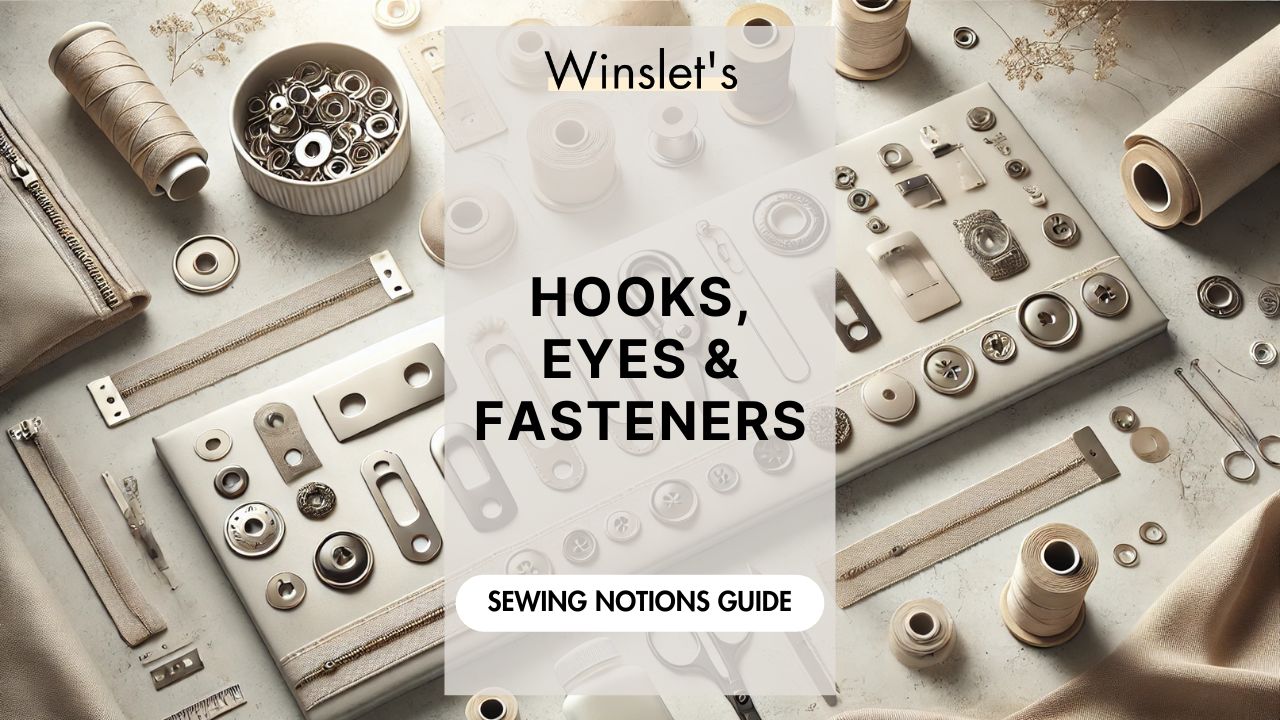 Sewing notions guide featuring hooks, eyes, elastic, and fasteners neatly arranged.