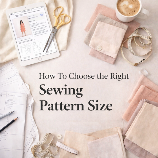 Flat lay of sewing tools and fabrics with textHow To Choose the Right Sewing Pattern Size
