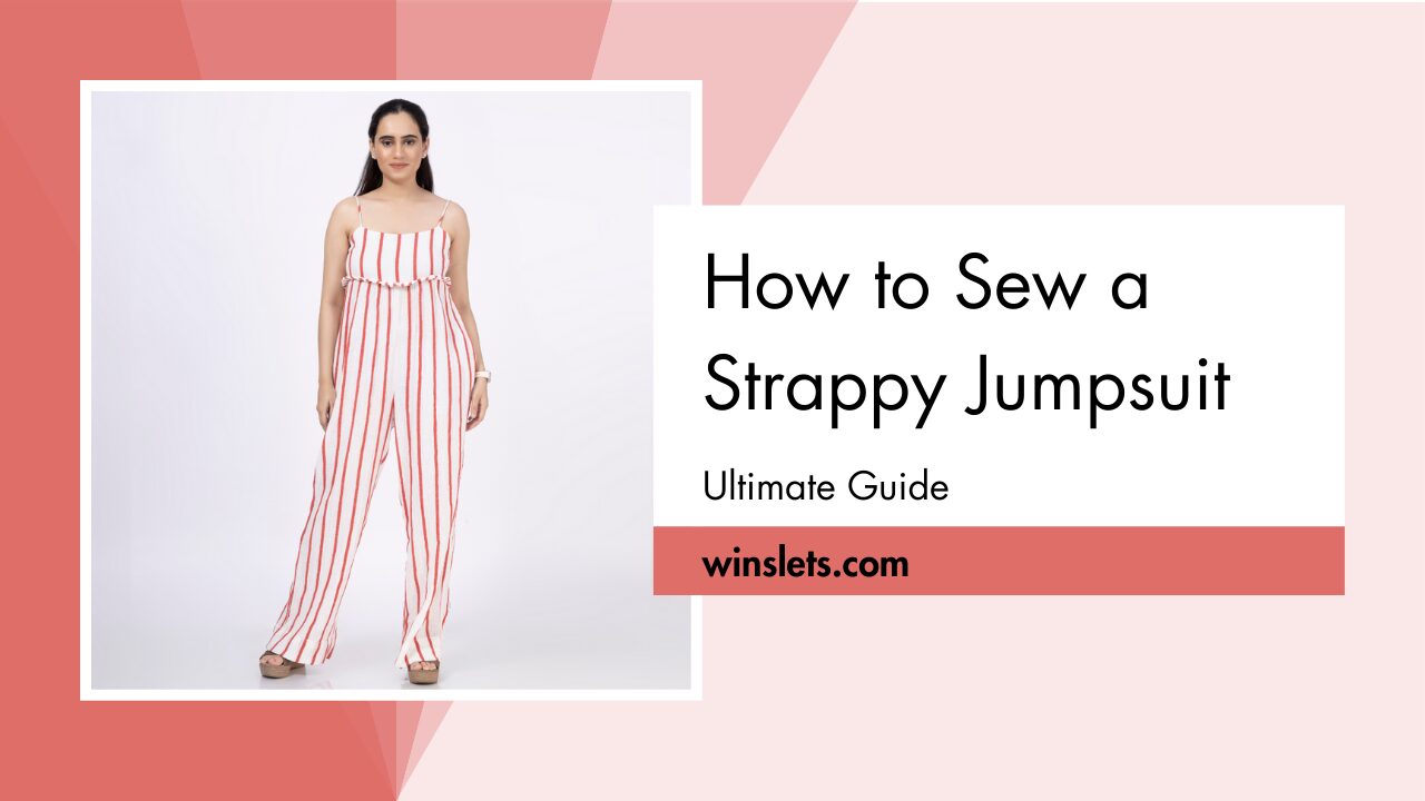 Woman wearing a red and white strappy jumpsuit – sewing tutorial guide.