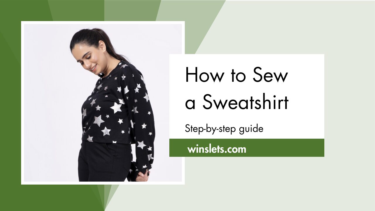 Woman wearing DIY star-print sweatshirt – How to Sew a Sweatshirt guide.