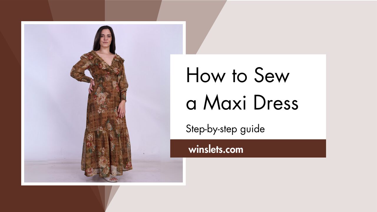 Woman wearing a vintage floral maxi dress for sewing tutorial guide.
