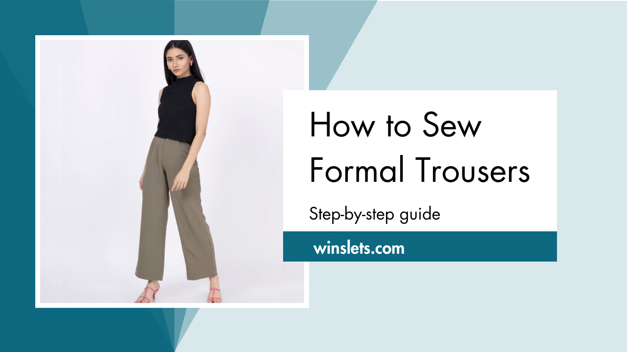 Woman wearing tailored formal trousers – step-by-step sewing guide.