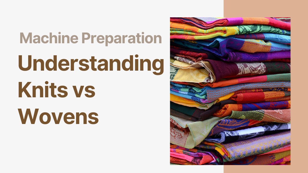 Colorful stacked fabrics illustrating knits vs wovens for sewing.
