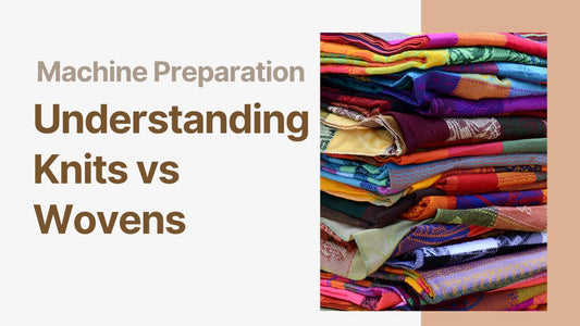 Colorful stacked fabrics illustrating knits vs wovens for sewing.