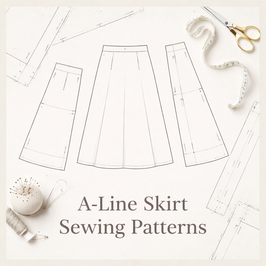 A-Line skirt sewing patterns with tools and design sketches.