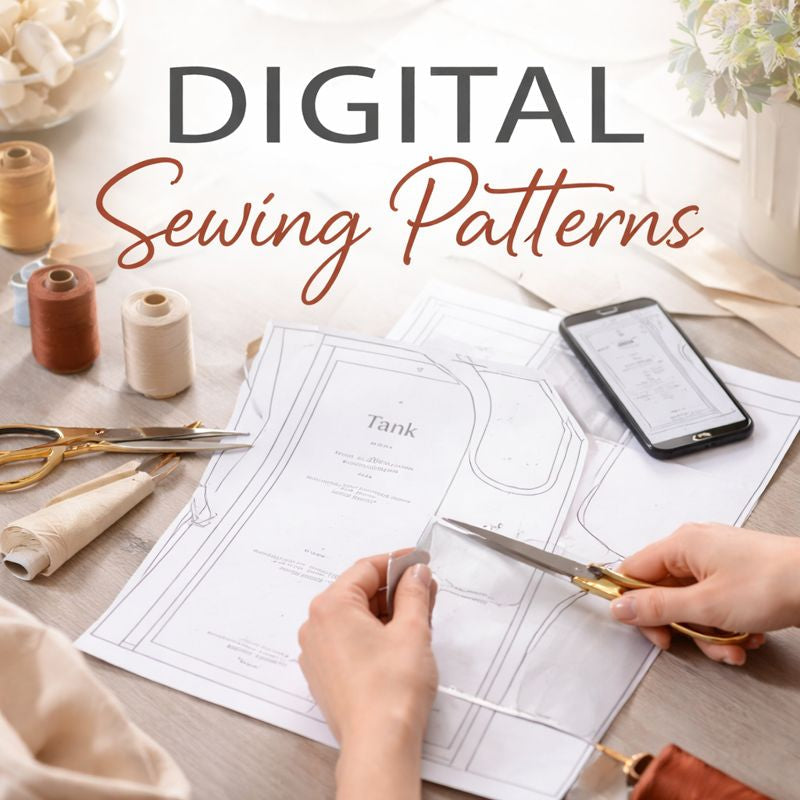 Hands cutting fabric over digital sewing patterns for modern sewists.