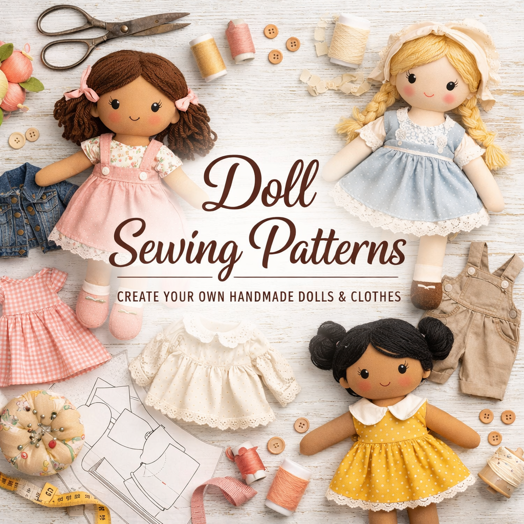 Handmade doll sewing patterns with clothes and accessories for creative sewists.