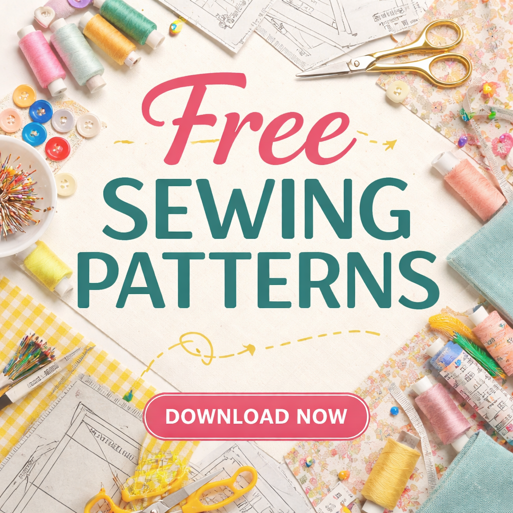Free sewing patterns with colorful threads, fabrics, and tools.