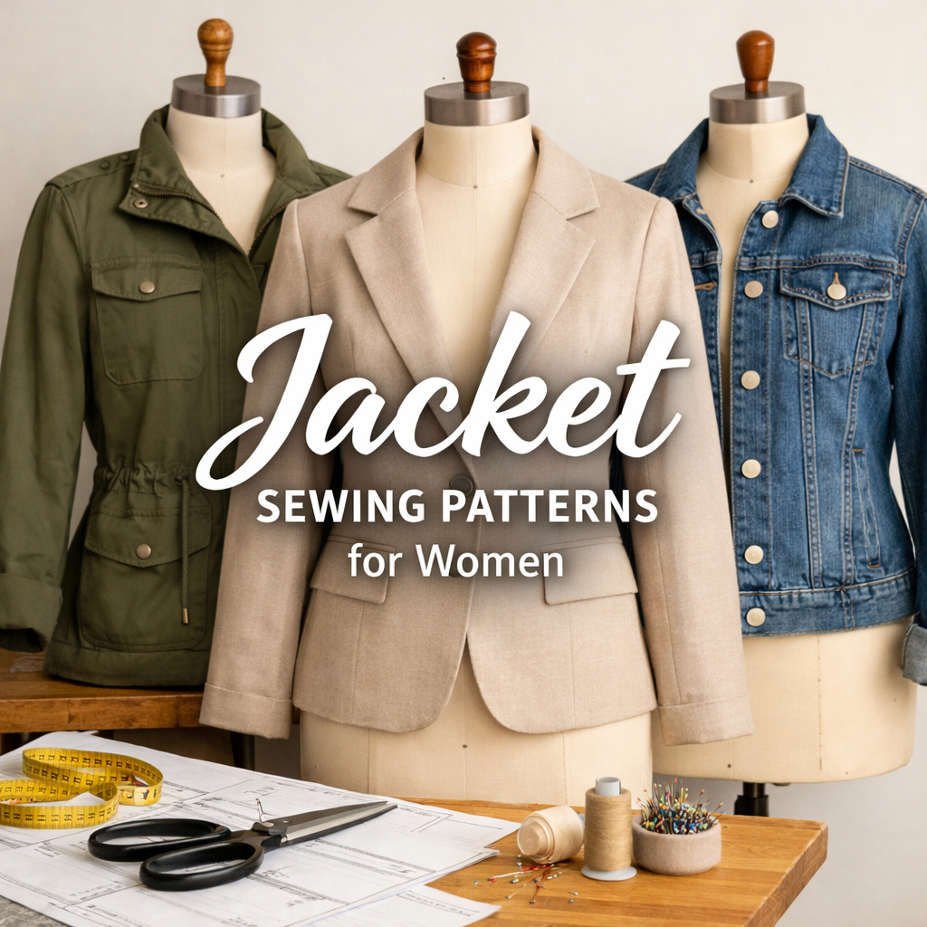 Stylish women's jacket sewing patterns with blazers, denim, and utility styles.