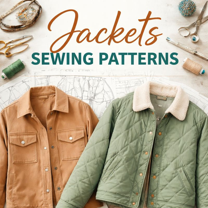 Stylish jacket sewing patterns with tools and fabric layout.