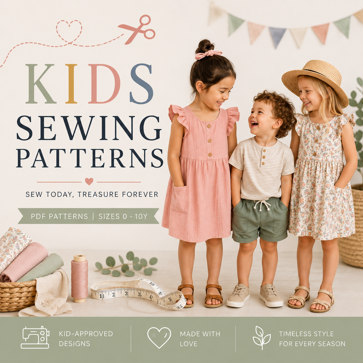 Kids sewing patterns collection with children smiling in handmade dresses