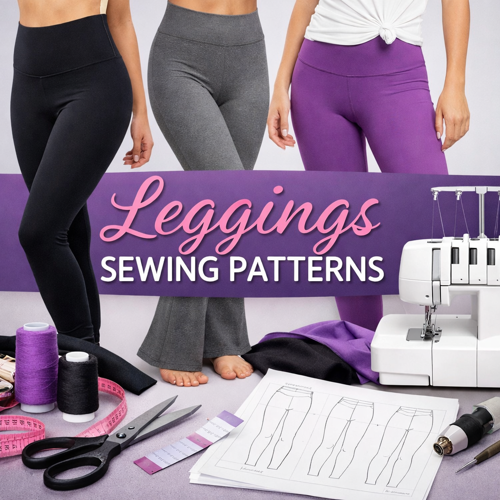 Stylish and comfy leggings sewing patterns with tools and fabric.