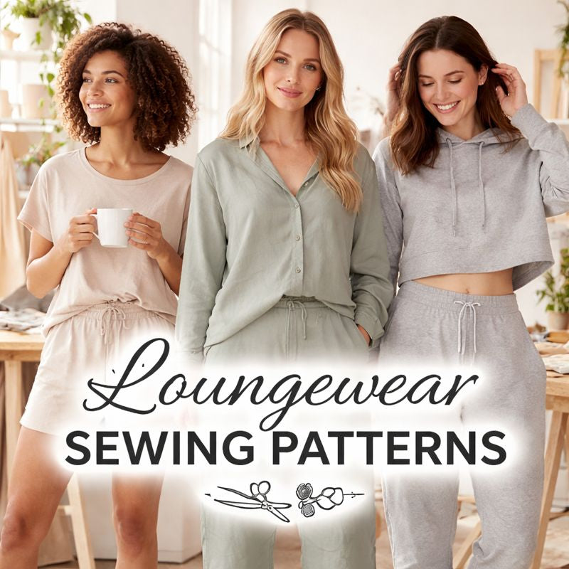 Stylish women modeling cozy loungewear sewing pattern outfits.