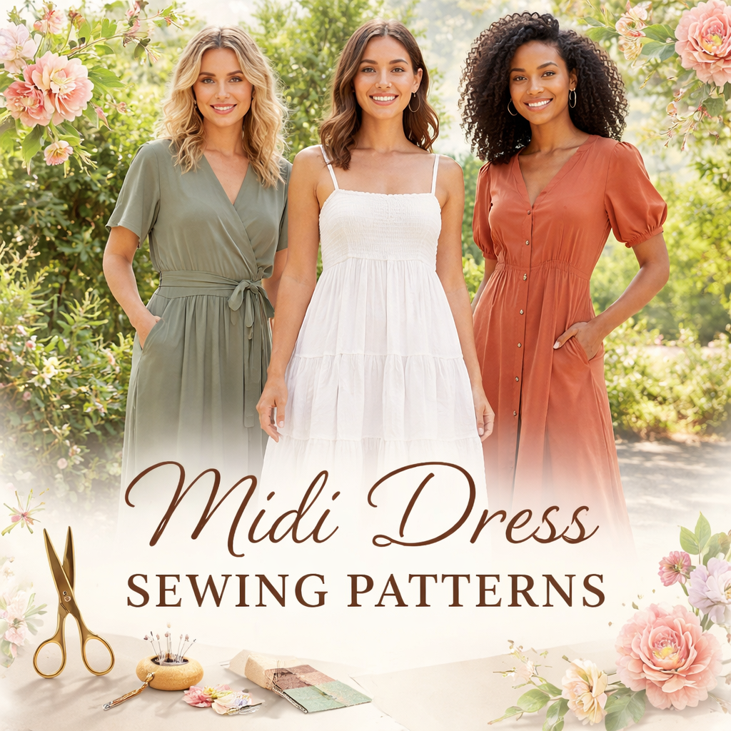 Elegant midi dress sewing patterns for stylish handmade creations.