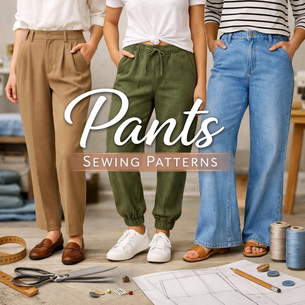 Stylish pants sewing patterns for tailored, jogger, and wide-leg designs.