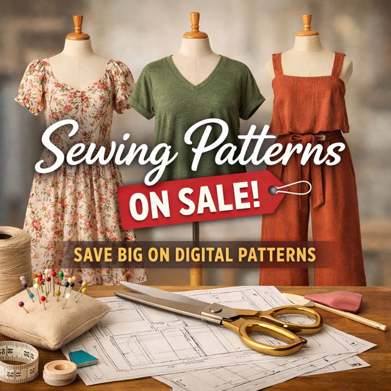 Sewing patterns on sale with dresses, tools, and digital designs.