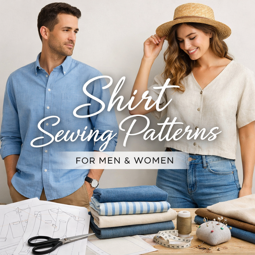 Stylish shirt sewing patterns for men and women with fabric and tools.