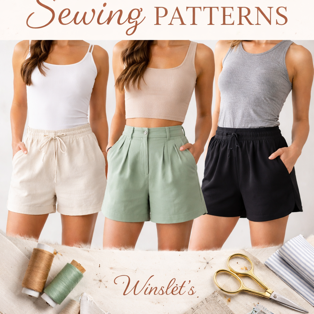 Stylish modern shorts sewing patterns in beige, green, and black fabrics.