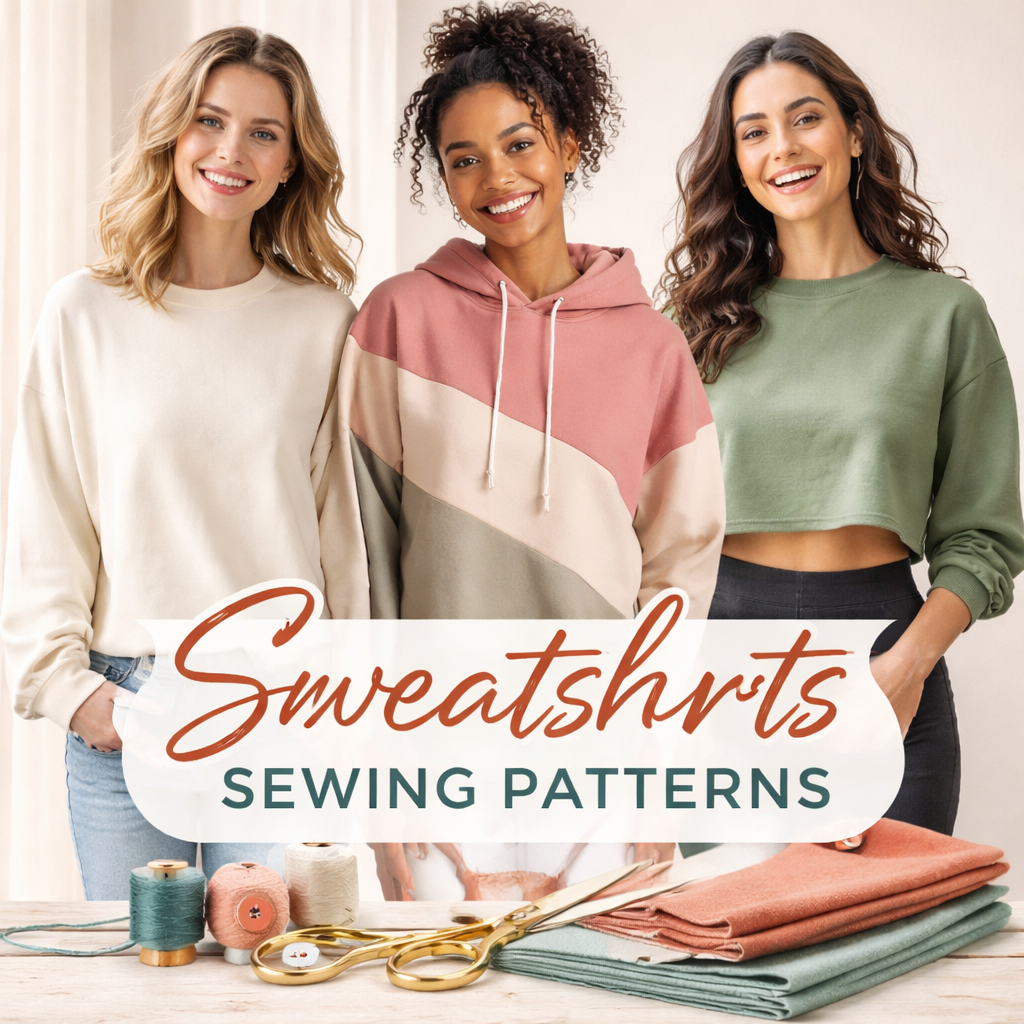 Stylish women modeling cozy DIY sweatshirts with sewing supplies.