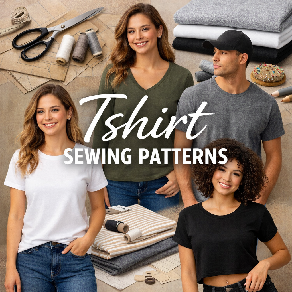 Stylish T-shirt sewing patterns for men and women with fabric tools.