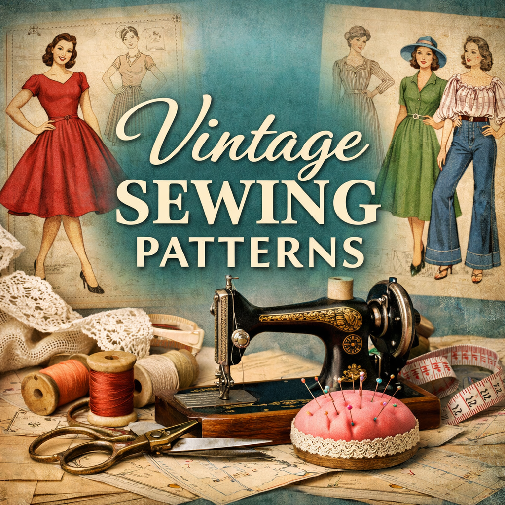 Vintage sewing patterns with retro fashion sketches and antique tools.