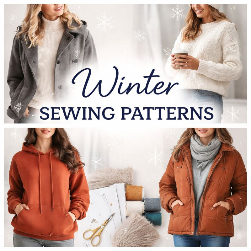 Stylish winter sewing patterns for cozy jackets, sweaters, and hoodies.