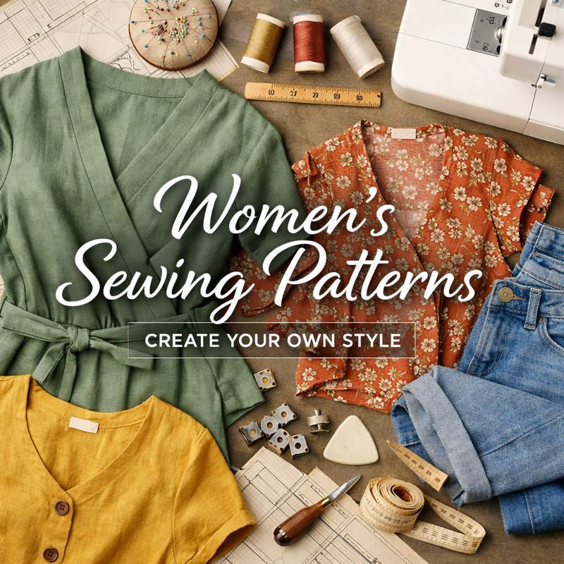 Stylish women's sewing patterns with handmade tops and sewing tools.