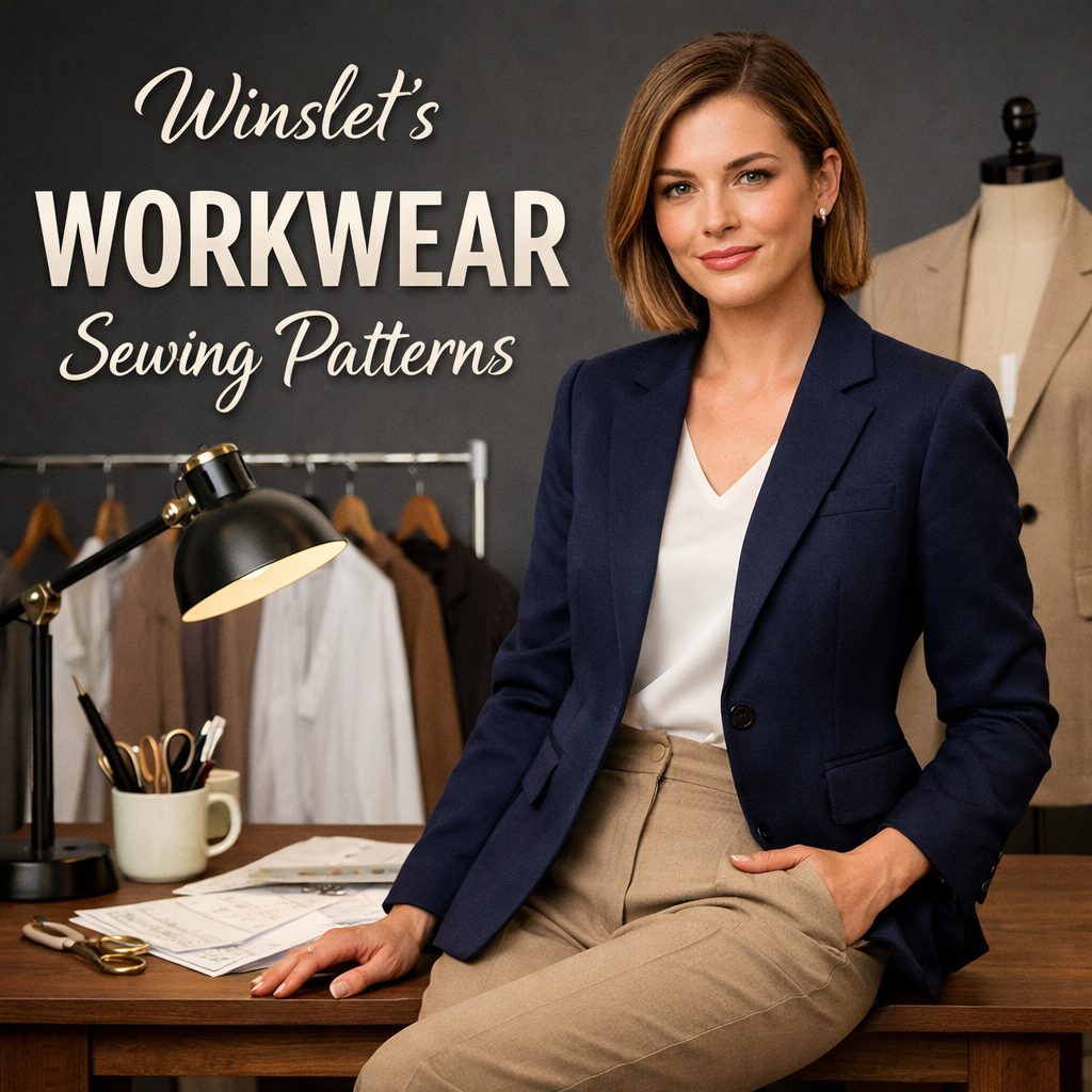 Stylish professional woman modeling office attire from workwear sewing patterns.