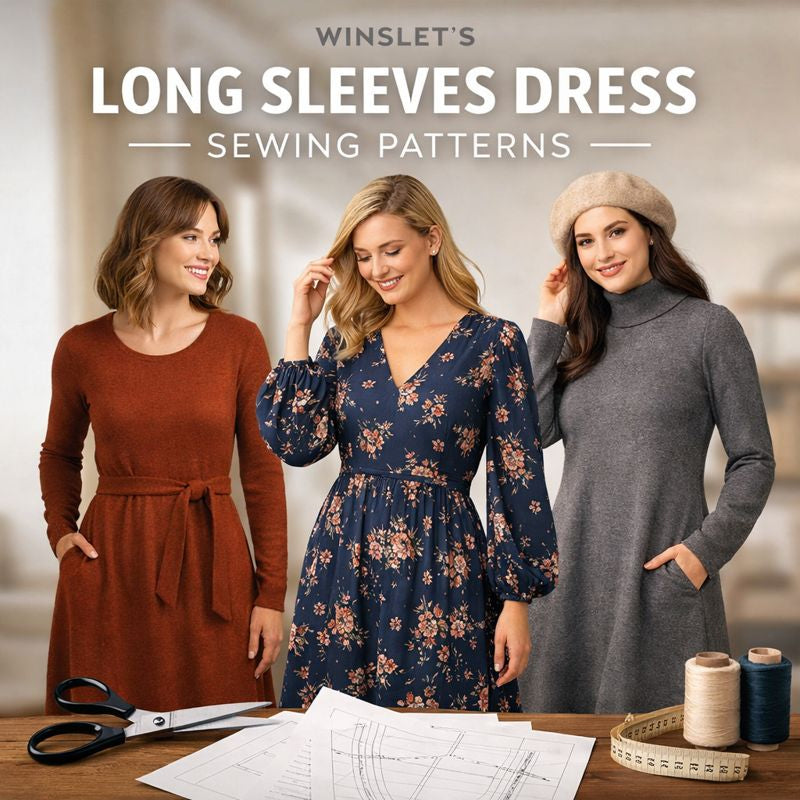 Stylish women modeling Winslet's long sleeves dress sewing patterns.