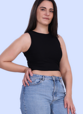 Side view of model wearing Tank top sewing pattern pieces on white background, ideal for women and girls who love sustainable fashion
