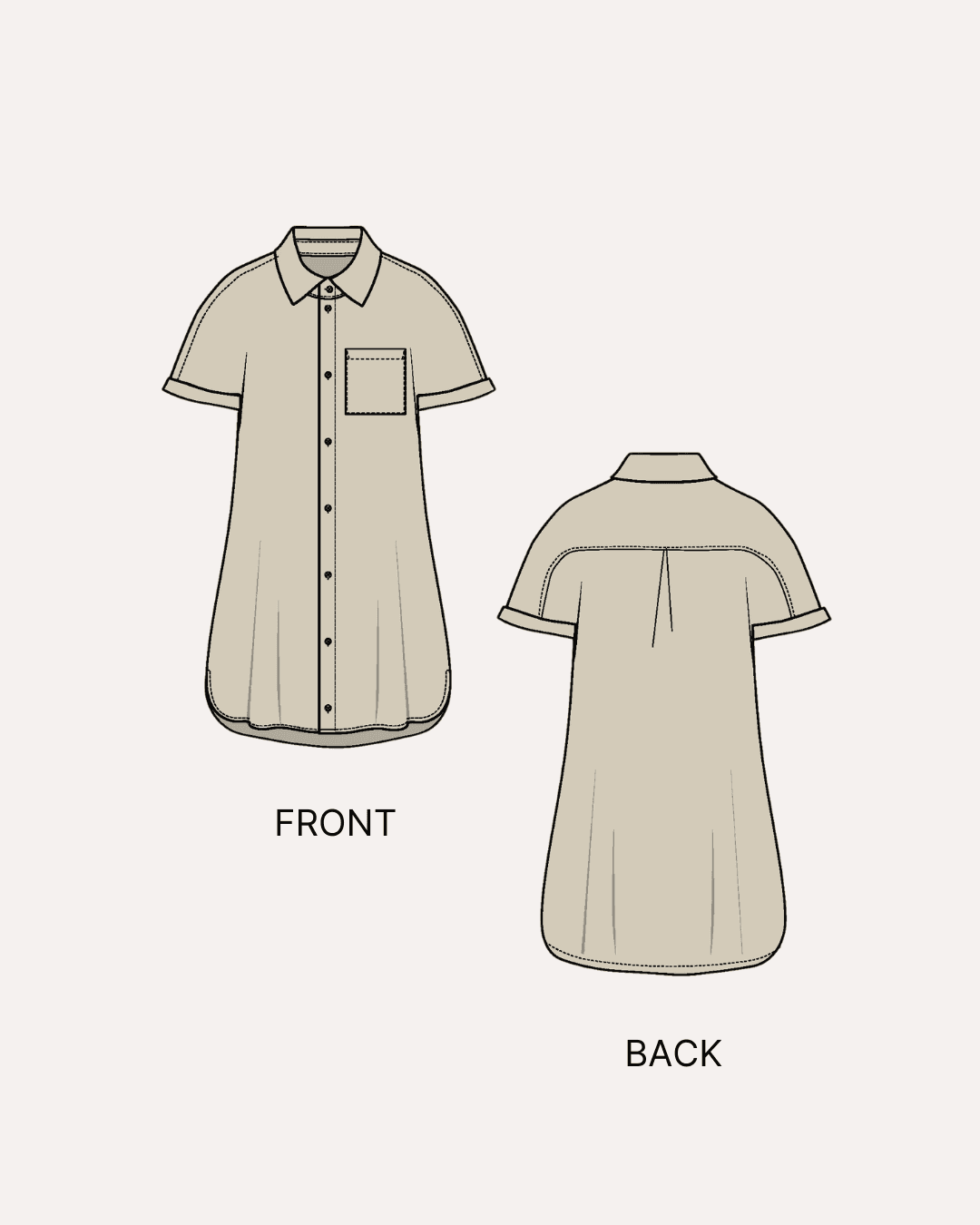 Technical illustration of shirt dress sewing pattern front and back views