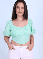 Close-up of the Blossom Bustier Crop Top featuring puff sleeves and a sweetheart neckline. A stylish and versatile sewing pattern for DIY fashion.