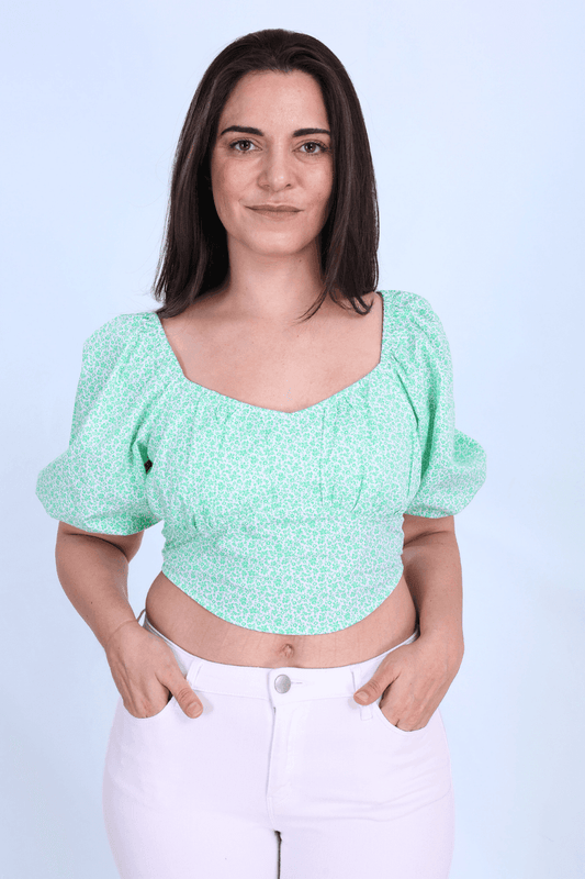 Close-up of the Blossom Bustier Crop Top featuring puff sleeves and a sweetheart neckline. A stylish and versatile sewing pattern for DIY fashion.