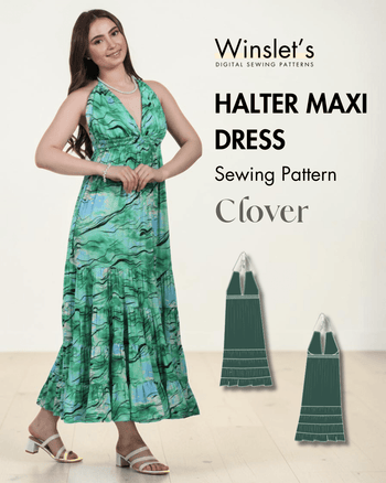Women's green tie-dye halter maxi dress with tiered skirt and backless design, sewing pattern