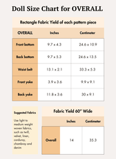 Overall doll size chart with fabric measurements for sewing pattern