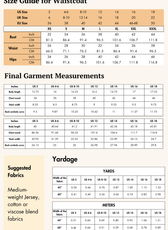 Size guide for the 'Harper' coord set waistcoat, including bust, waist, and hip measurements. Helps in selecting the perfect fit for sewing projects.