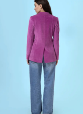 Back view of the Monroe blazer sewing pattern, highlighting the structured fit and back vent. Designed for comfort and elegance in various fabric choices.